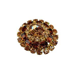 Vintage Signed Austria Rhinestone Brooch Pin Layered Domed Design Topaz Color